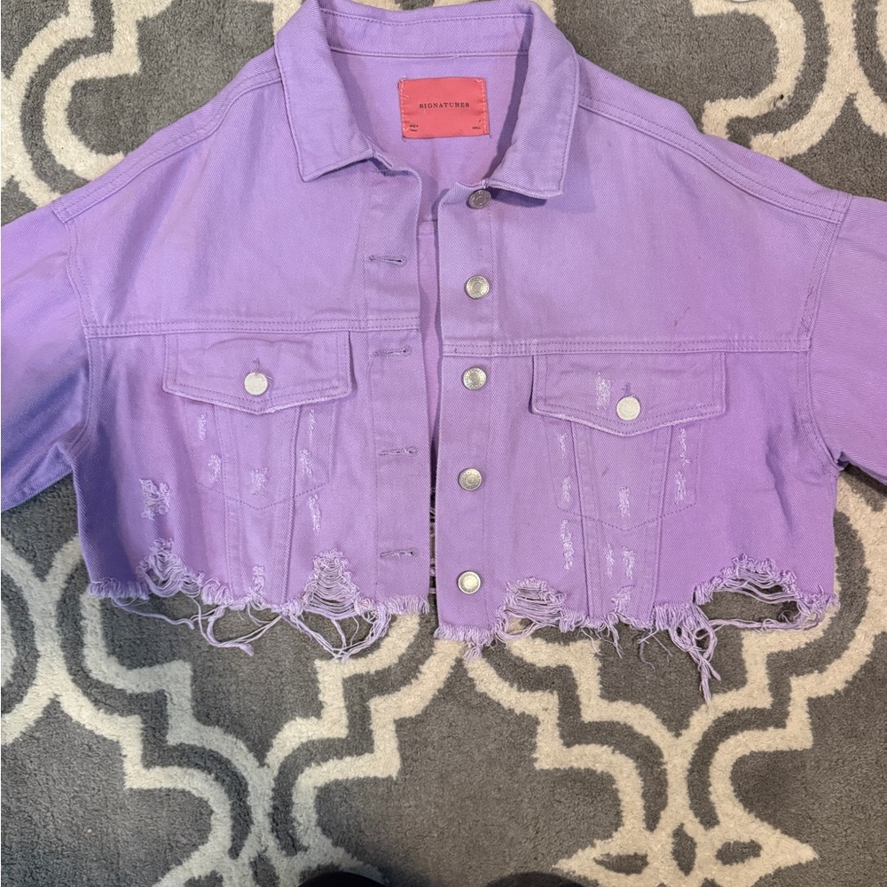Signature8 Lavender Button-Up Denim Jacket with Coral Patch